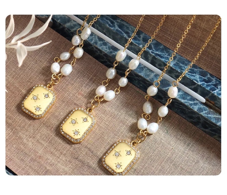 Fashion Trendy Square Zircon Inlaid Pendant Artificial Pearl Necklace European and American Style Female Temperament Jewelry