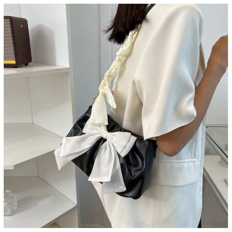 Lovely Bow Handbags for Girls Ladies Fashion Pleated Shoulder Bags for Women Simple Design Female Underarm Bag Casual Tote Purse