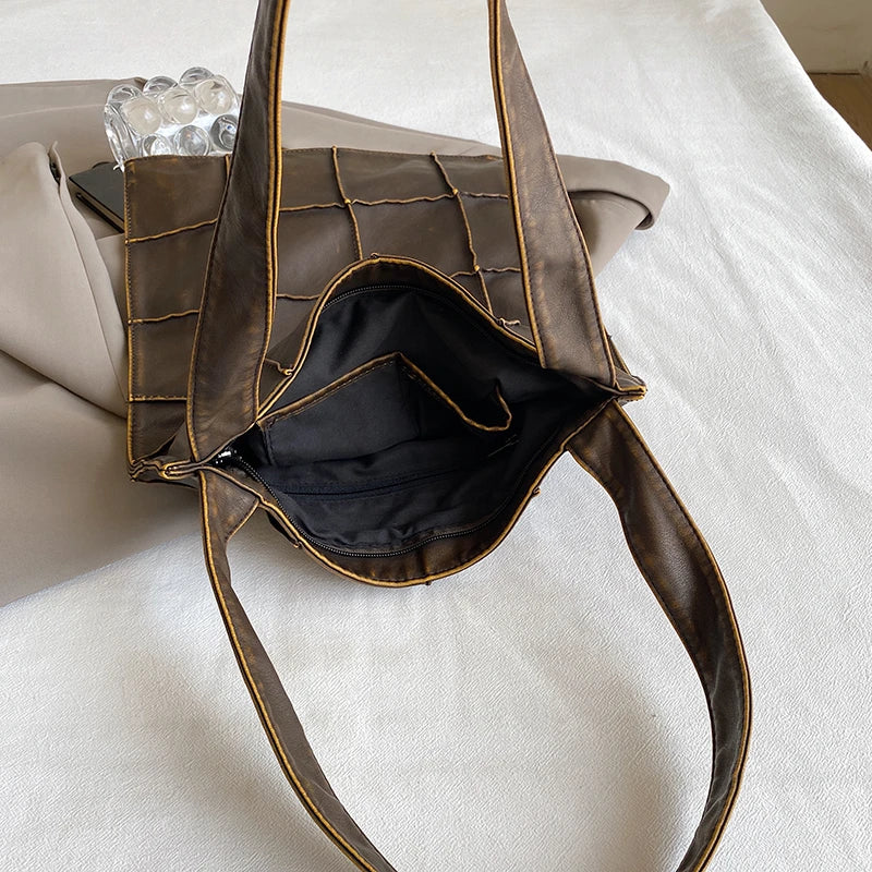 Ladies Handbag Women Vintage Bag Large Capacity Female Bag Brand Designer Plaid Shoulder Bag Soft Leather Top Handle Tote Bags