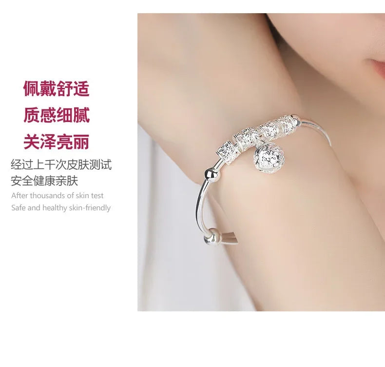 2024 Fashion Women Jewelry Gift Charm Artificial Stone Bangle Cuff Bracelet Ball Bell Pendants Sliver 925 Sterling Silver