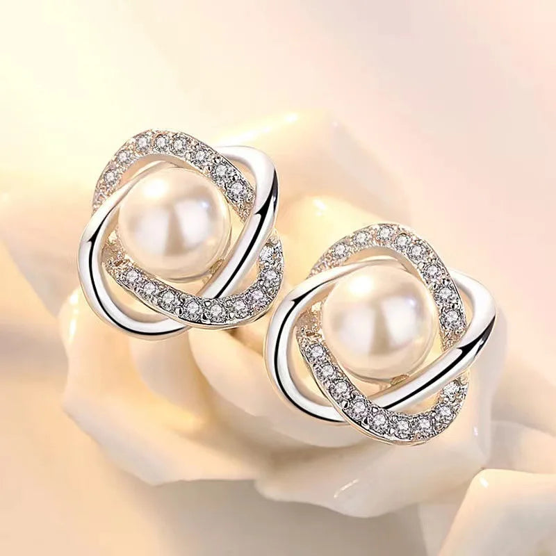 Upscale 14k Gold Jewelry Real Gold Earrings Zircon Pearl Twist Luxury Stud Earrings for Women Brincos Pendientes Bijoux