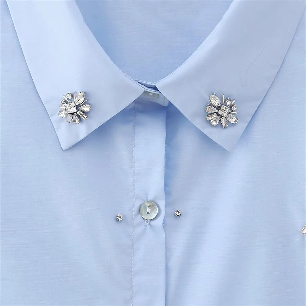 2024ZAR * New Spring/Summer Women's Wear European and American Style Fashion Artificial Jewelry Decoration Poplin Shirt