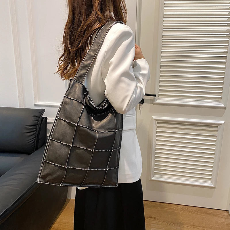 Ladies Handbag Women Vintage Bag Large Capacity Female Bag Brand Designer Plaid Shoulder Bag Soft Leather Top Handle Tote Bags