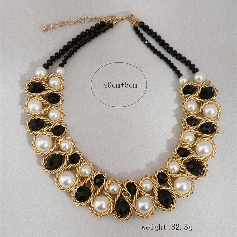 Fashio Simulated Pearl Jewelry Necklace Double Layer Choker Necklace Women Artificial Crystal Mixed Collar Handmade Jewelry Gift