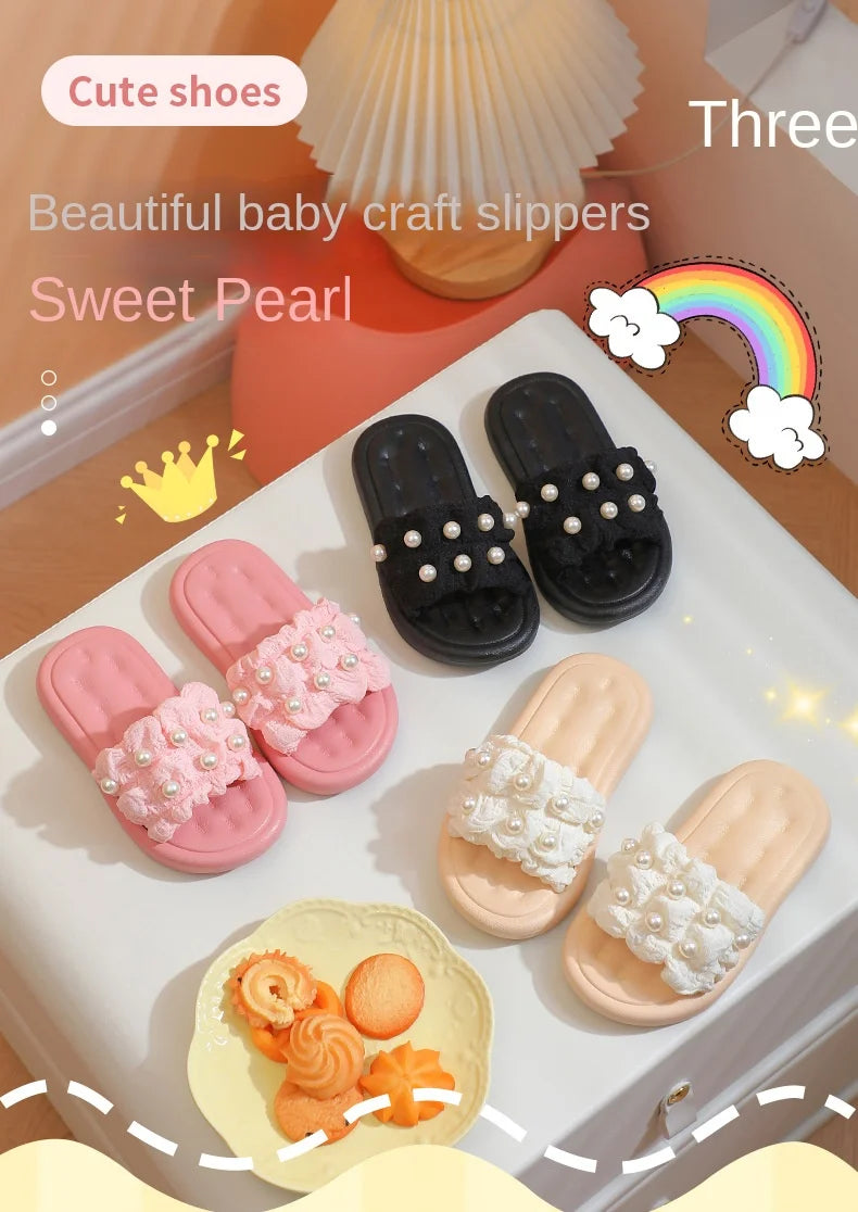Slippers Princess Wind Pearl Puffs Girls Little Girl Slippers Soft Bottom Outside Penetrating Air Sandals
