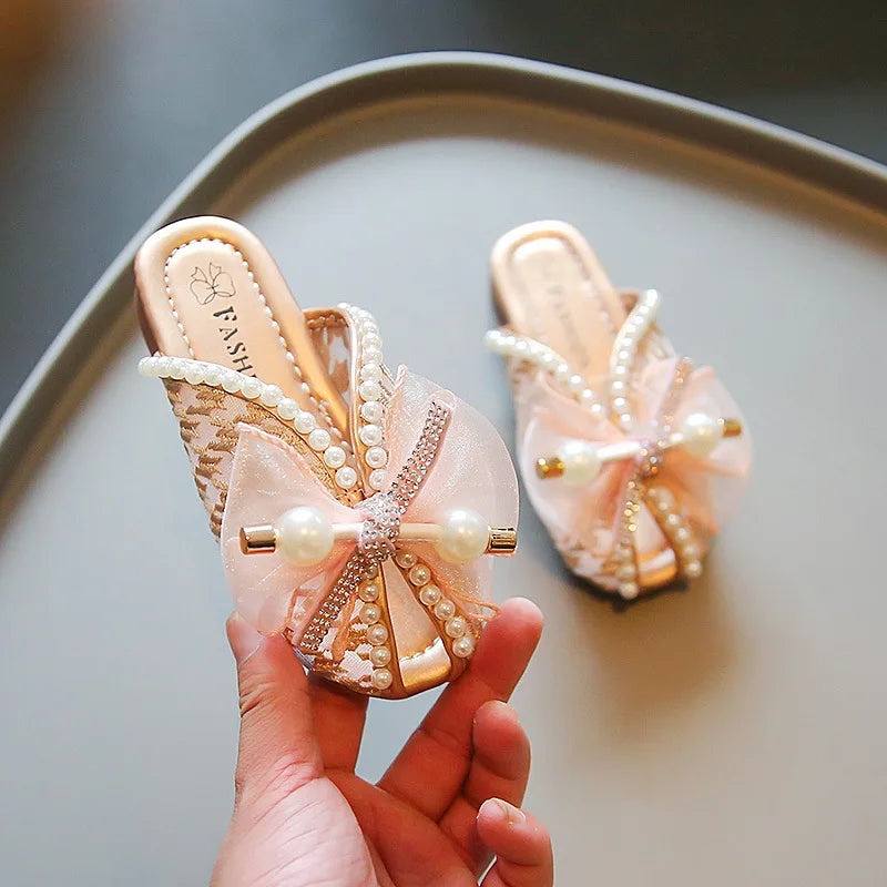 슬리퍼 Children's Slippers Summer New Bow Girl Princess Shoes Soft Sole Home Shoes Flat Kids Shoes Fashion Girl Slippers flip flops