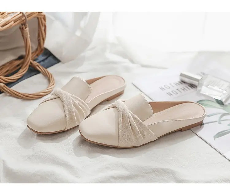 2024 Luxury Woman Mules Summer Close Toe Women Slippers Bowtie Lazy Slides Flat Heel Girl Slippers Korean Outdoor Flip Flops