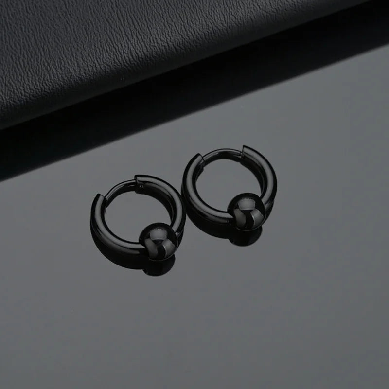 2pcs Stainless Steel Hoop Earrings For Men Small Circle Metal Ball Anti-allergic Ear Buckle Rock Hip Hop Artificial Jewelry