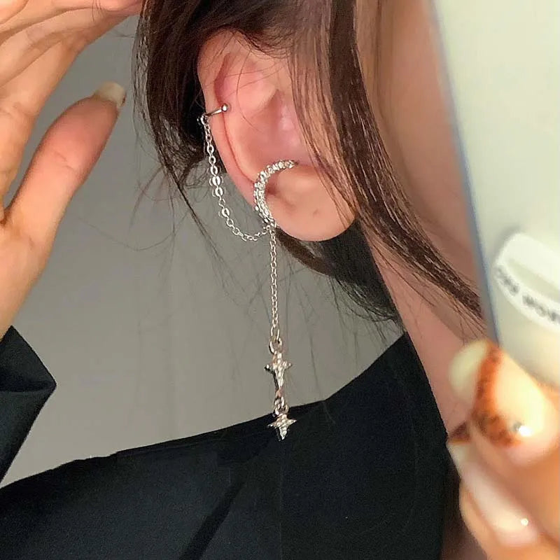 Shiny Silver Color Crystal Tassel Non-Piercing Cuff Ear Clip Earring For Women Rhinestone Star Fake Cartilage Piercing Jewelry