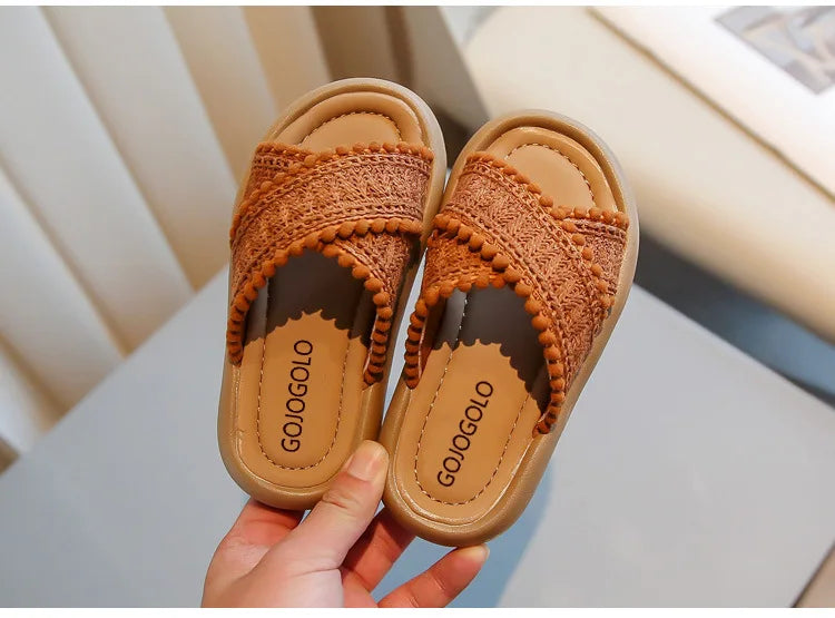 Girls Summer Slippers Princess Sweet Kids Slides Beach Shoes Bohemia Woven Children's Outdoor Slippers Anti-slippery 23-37 Soft