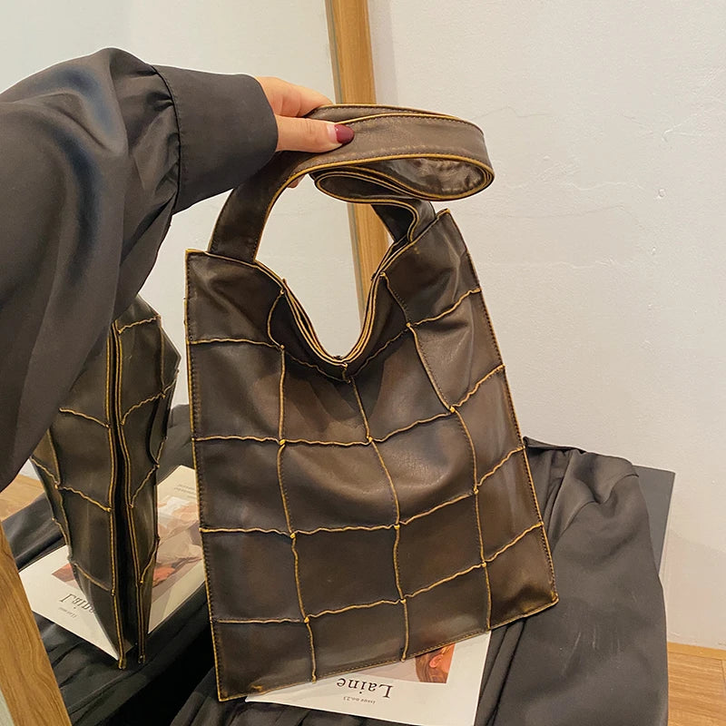 Ladies Handbag Women Vintage Bag Large Capacity Female Bag Brand Designer Plaid Shoulder Bag Soft Leather Top Handle Tote Bags