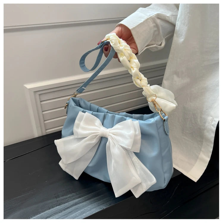 Lovely Bow Handbags for Girls Ladies Fashion Pleated Shoulder Bags for Women Simple Design Female Underarm Bag Casual Tote Purse