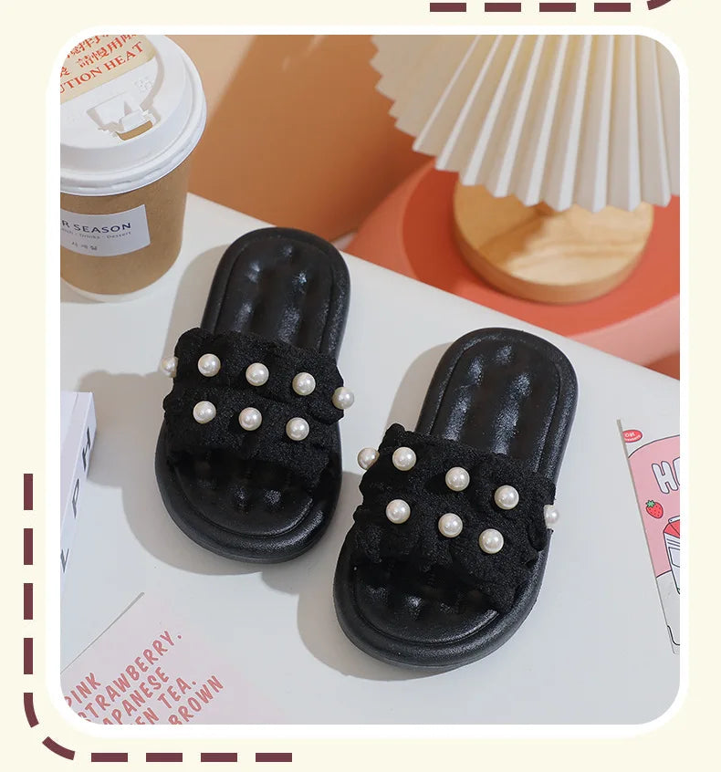 Slippers Princess Wind Pearl Puffs Girls Little Girl Slippers Soft Bottom Outside Penetrating Air Sandals