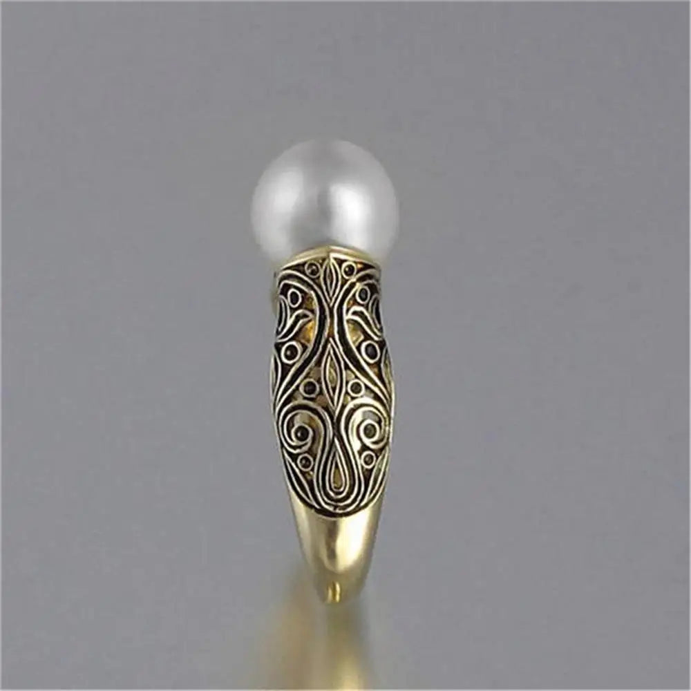Women Vintage S925 Silver Gold Plated Jewelry Ring Artificial White Pearl Ring Wedding Engagement Casual Gift