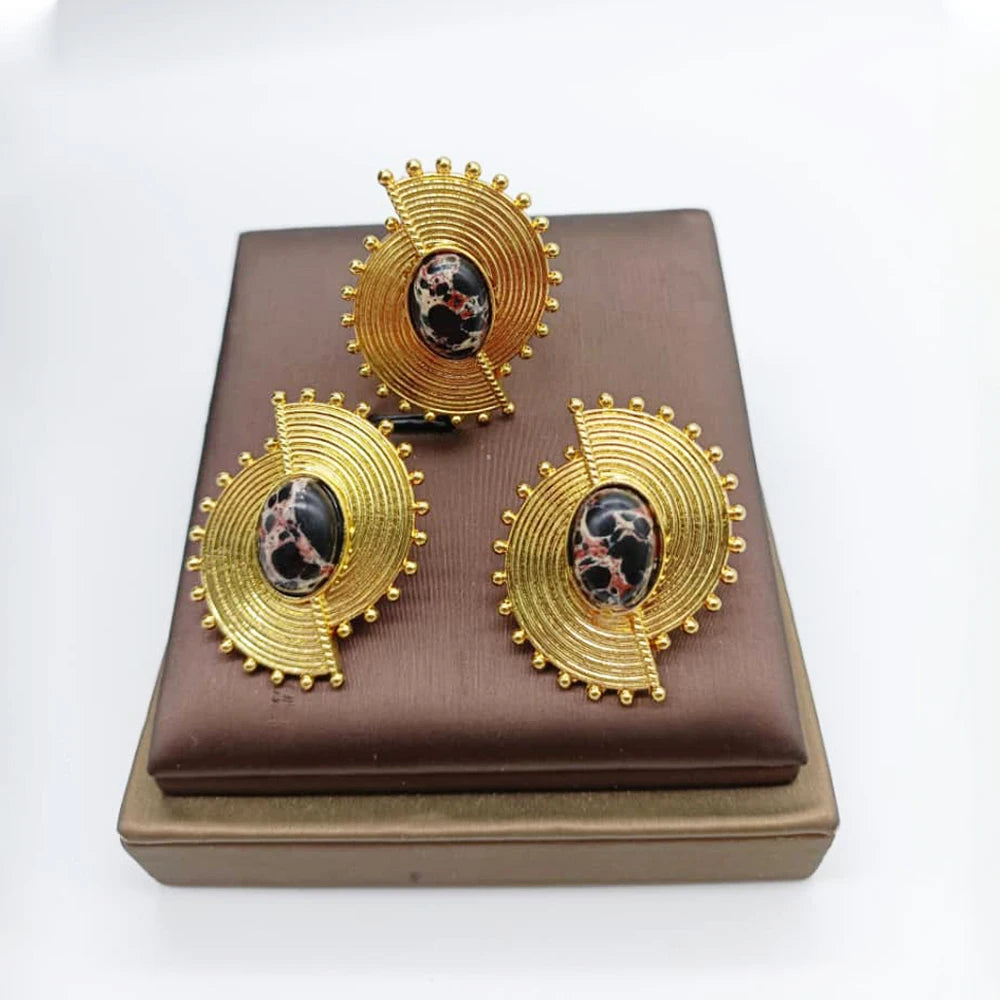 African Jewelry Set for Women Spiral Shape New Fashion Purpuse Stone Earrings Finger Ring Dubai Indian Luxury Gold Color Jewelry