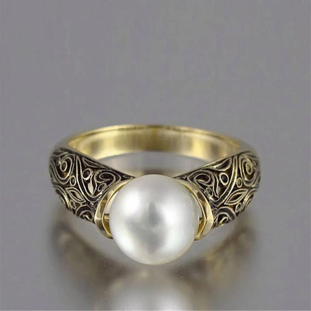Women Vintage S925 Silver Gold Plated Jewelry Ring Artificial White Pearl Ring Wedding Engagement Casual Gift