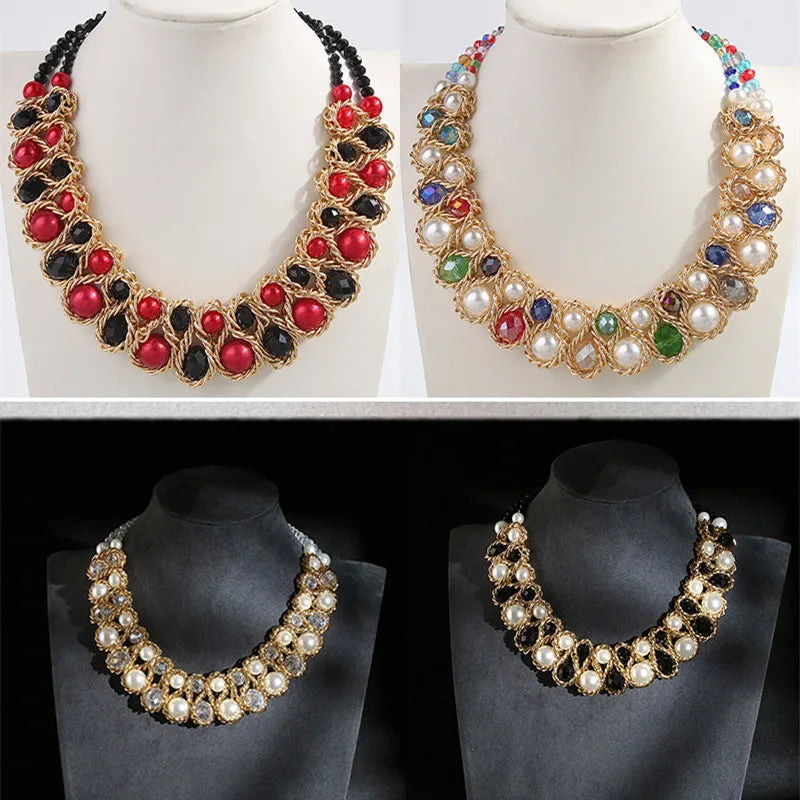 Fashio Simulated Pearl Jewelry Necklace Double Layer Choker Necklace Women Artificial Crystal Mixed Collar Handmade Jewelry Gift