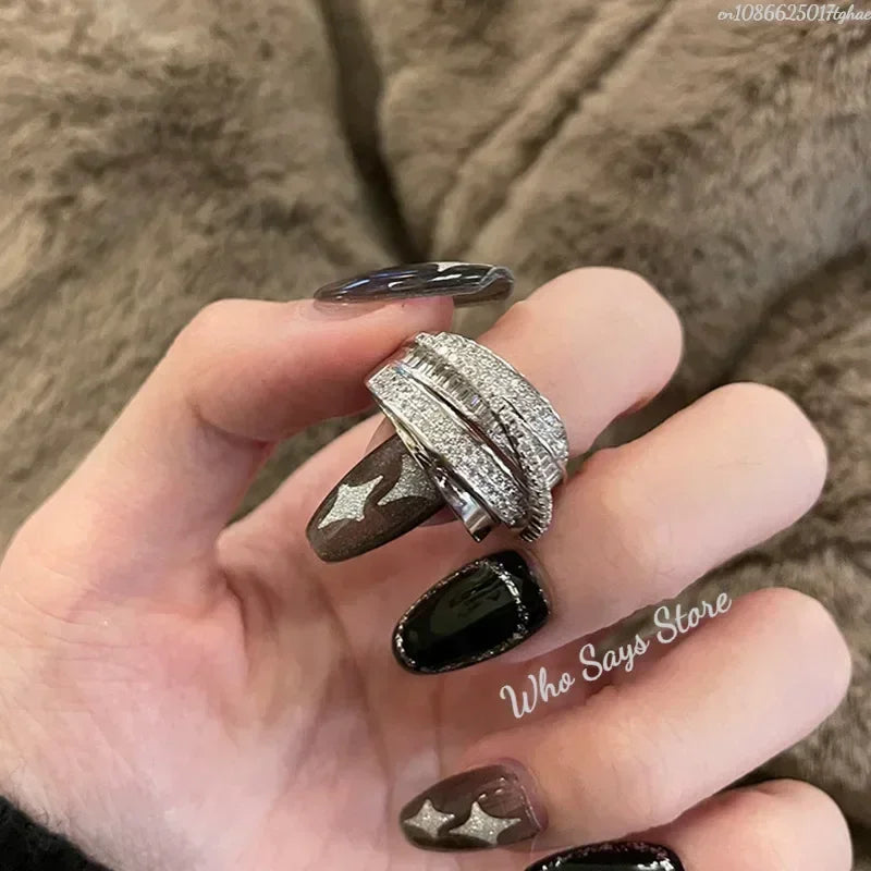 Korea New Fashion Jewelry Exquisite Silver Color Zircon Ring Elegant Women's Opening Adjustable Wedding Gift Luxury Accessory