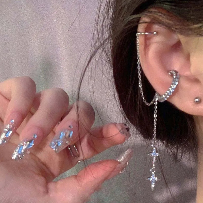 Shiny Silver Color Crystal Tassel Non-Piercing Cuff Ear Clip Earring For Women Rhinestone Star Fake Cartilage Piercing Jewelry