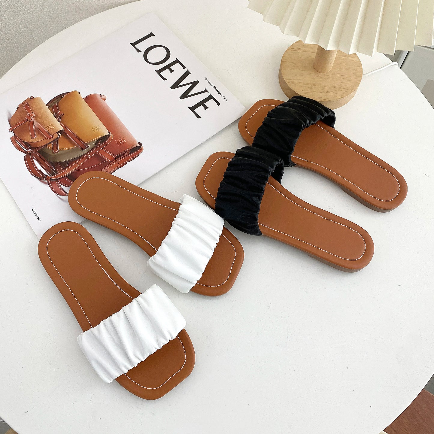 Girl's Slippers Pleated Black White Pu Leather Beach Kids Sliders Flat Summer Square Toe Leisure Slip-on Children Shoes 27-36