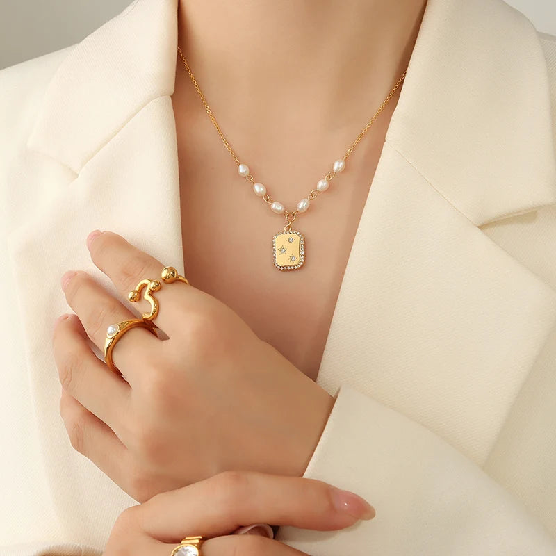 Fashion Trendy Square Zircon Inlaid Pendant Artificial Pearl Necklace European and American Style Female Temperament Jewelry