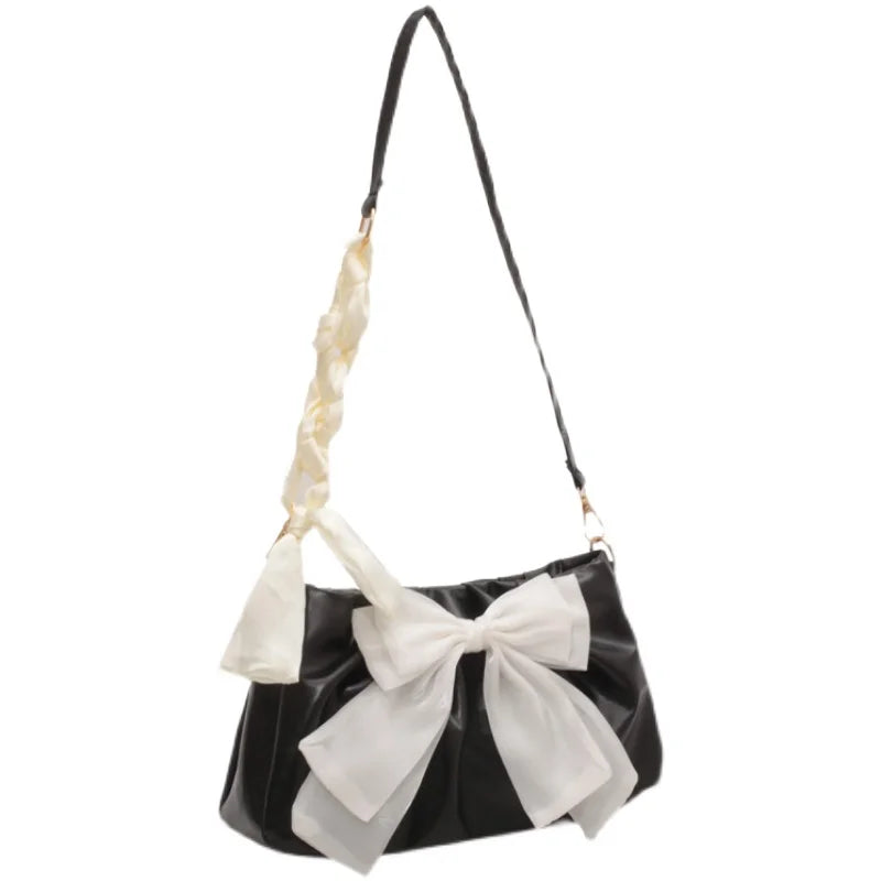 Lovely Bow Handbags for Girls Ladies Fashion Pleated Shoulder Bags for Women Simple Design Female Underarm Bag Casual Tote Purse