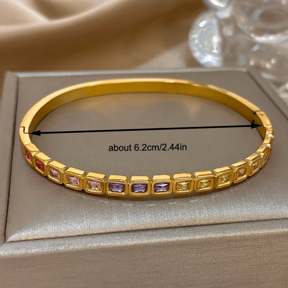 Stainless Steel Bangles Bracelets for Men Women Elegant Inlaid Colorful Square Rhinestone Open Bangle Party Wedding Cuff Jewelry