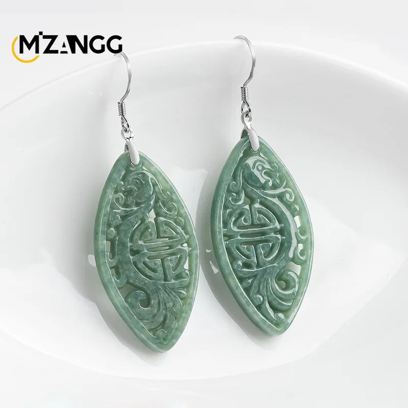 Natural Jadeite Imitation Antique Hollowed Phoenix Earrings S925 Silver Inlaid Jade Earrings Retro Fashion Women's Jewelry