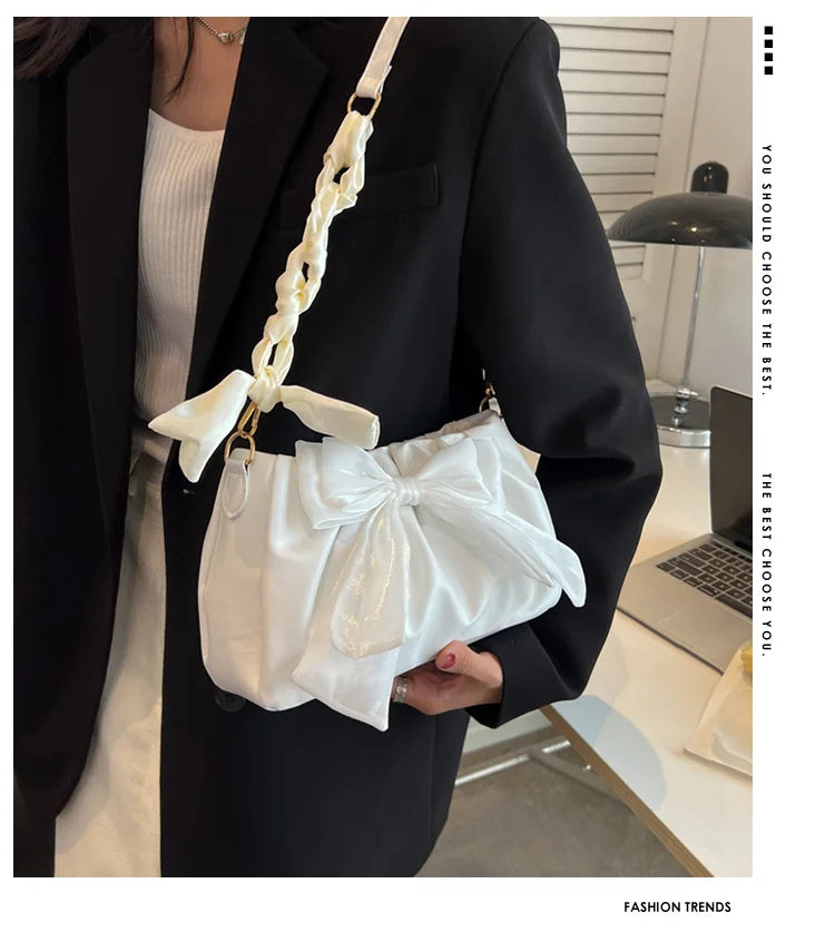 Lovely Bow Handbags for Girls Ladies Fashion Pleated Shoulder Bags for Women Simple Design Female Underarm Bag Casual Tote Purse