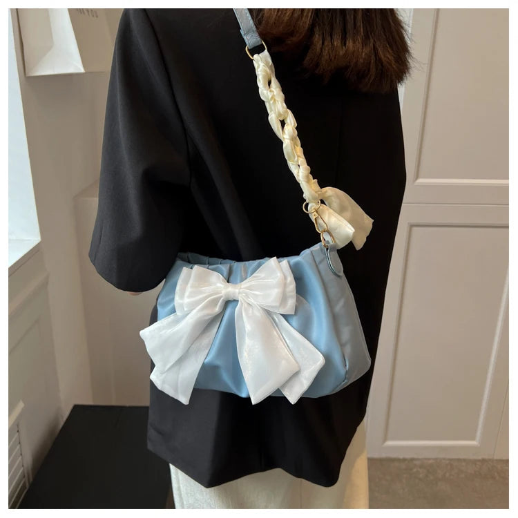Lovely Bow Handbags for Girls Ladies Fashion Pleated Shoulder Bags for Women Simple Design Female Underarm Bag Casual Tote Purse
