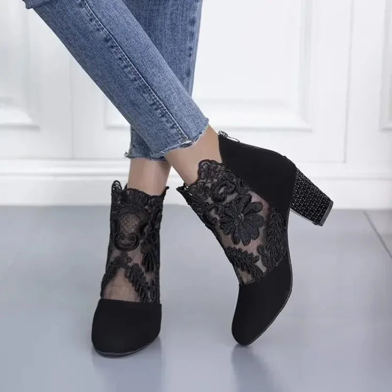 Women's Lace Heeled Shoes Fashion Ladies Roman Sandals Breathable Ladies Shoes Elegant Ladies Pumps New Mesh Sandalias De Tacón
