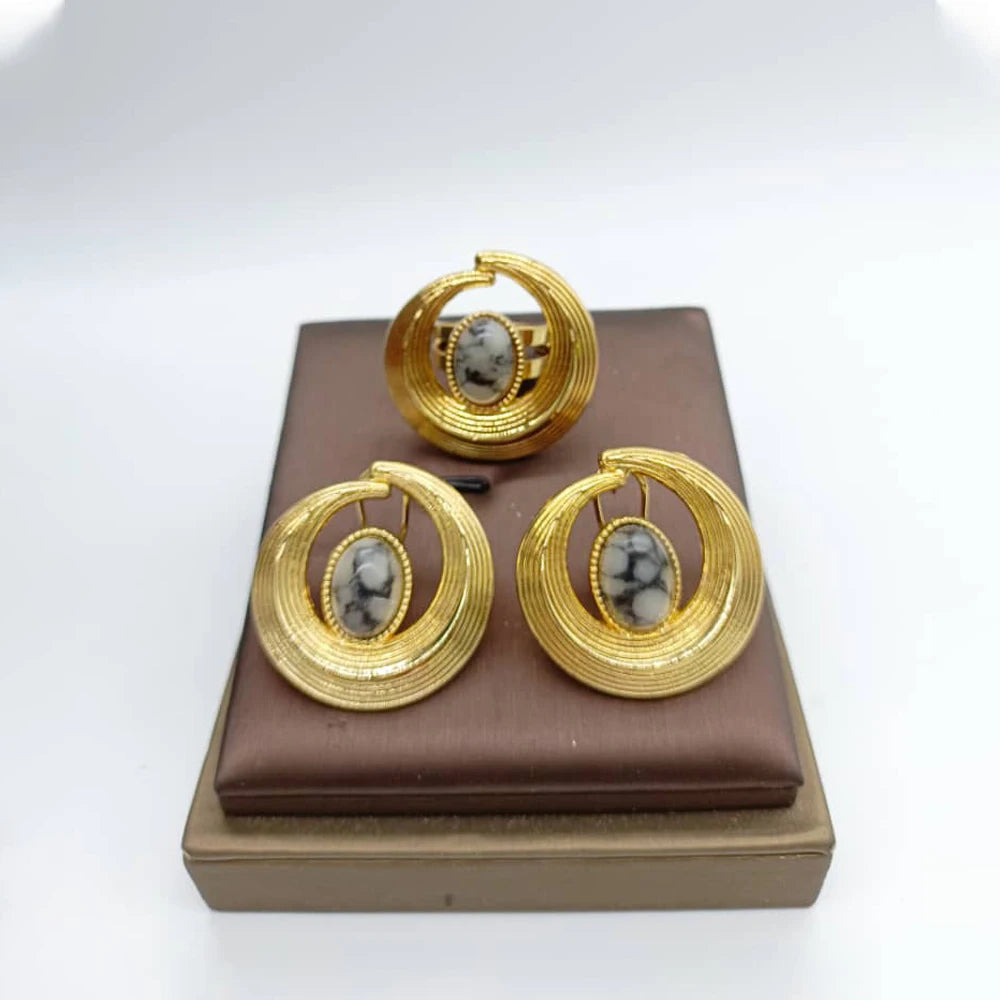 African Jewelry Set for Women Spiral Shape New Fashion Purpuse Stone Earrings Finger Ring Dubai Indian Luxury Gold Color Jewelry