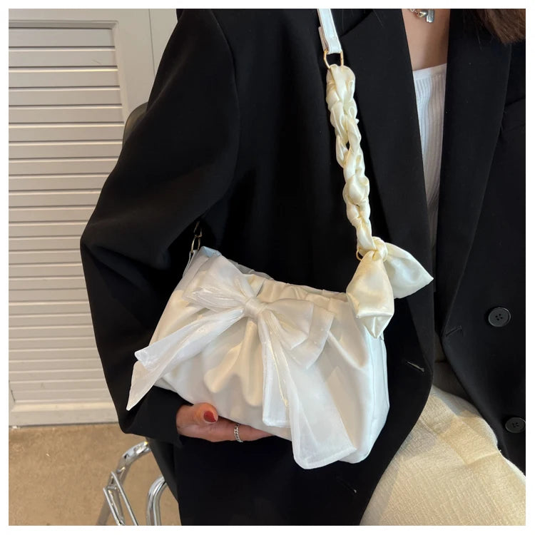 Lovely Bow Handbags for Girls Ladies Fashion Pleated Shoulder Bags for Women Simple Design Female Underarm Bag Casual Tote Purse