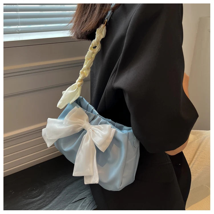 Lovely Bow Handbags for Girls Ladies Fashion Pleated Shoulder Bags for Women Simple Design Female Underarm Bag Casual Tote Purse
