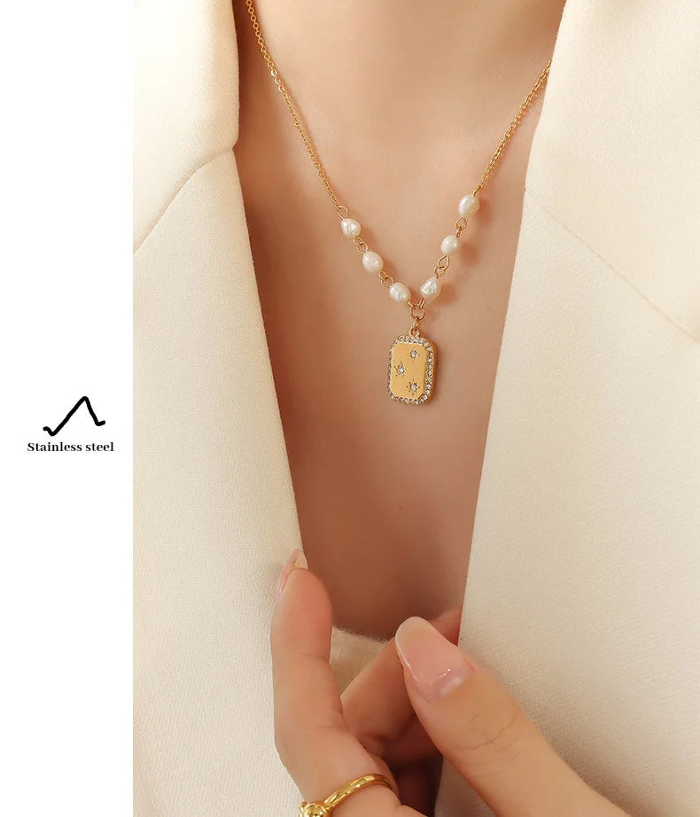 Fashion Trendy Square Zircon Inlaid Pendant Artificial Pearl Necklace European and American Style Female Temperament Jewelry