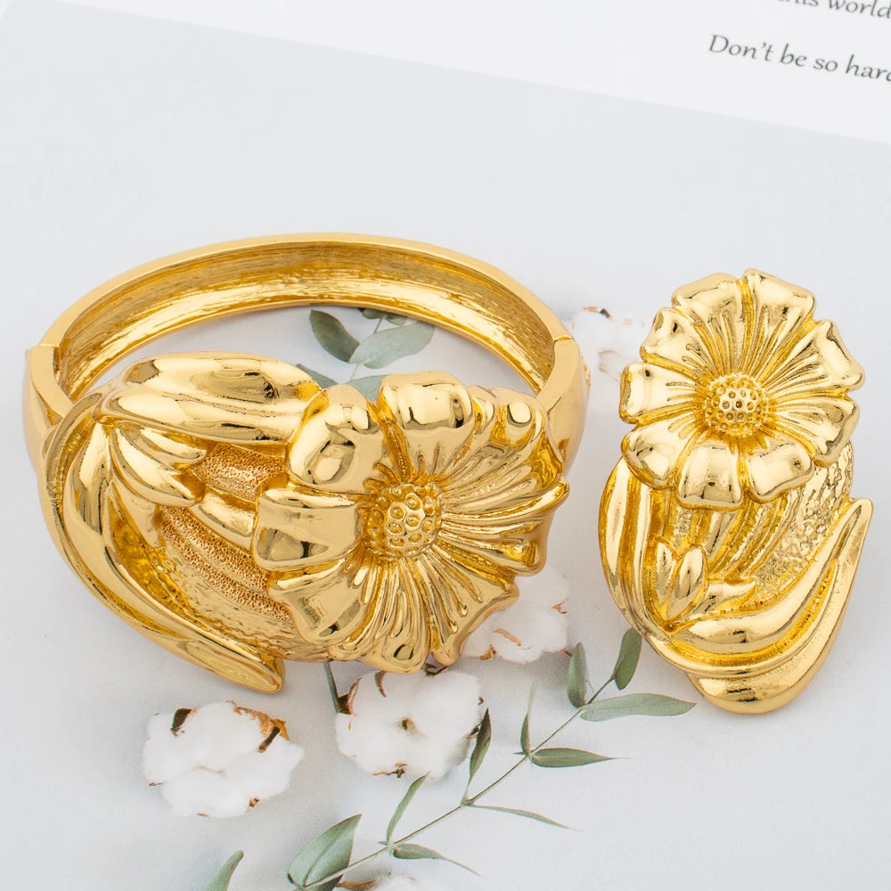 Large Hoop Bangle for Women Flower Italian Dubai Gold Color Bracelet Ring Jewelry Set Luxury Copper Fashion Birthday Party Gift