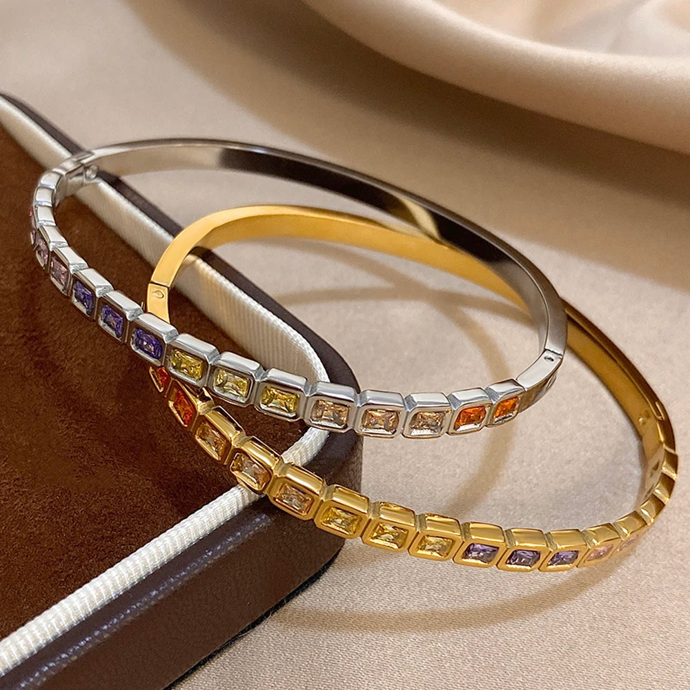 Stainless Steel Bangles Bracelets for Men Women Elegant Inlaid Colorful Square Rhinestone Open Bangle Party Wedding Cuff Jewelry