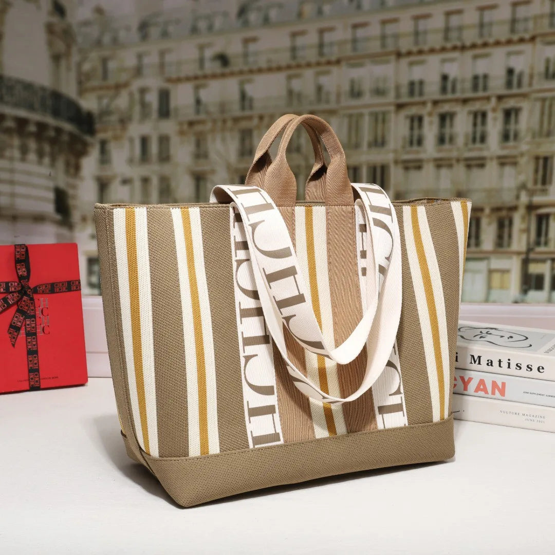 CH Classic Ladies Crossbody Bag Large Capacity Commuter Style Ladies Tote Bag Simple Stripe Design Ladies Shoulder Bag Letters
