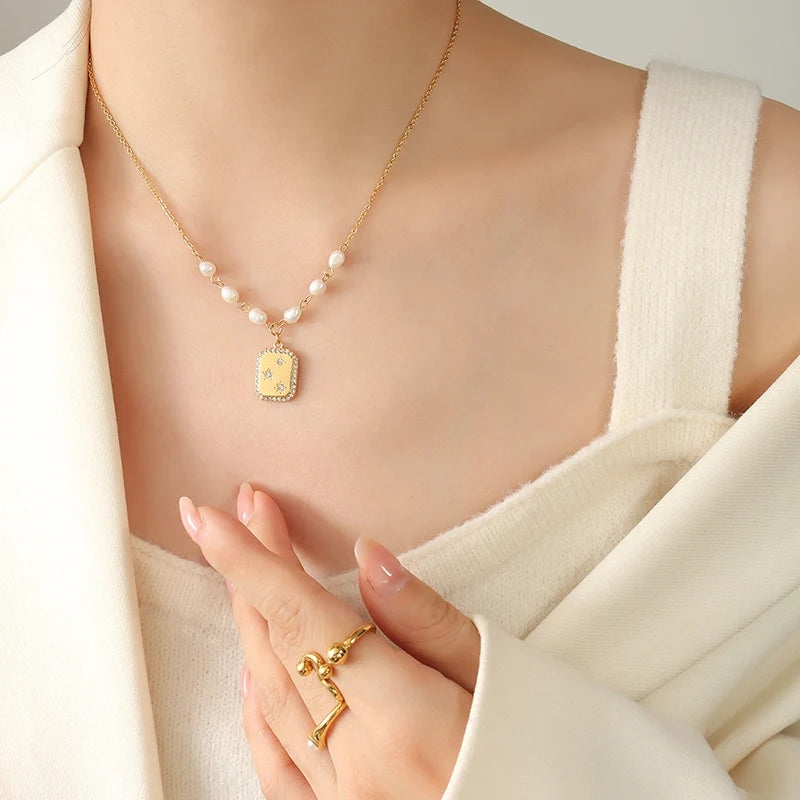 Fashion Trendy Square Zircon Inlaid Pendant Artificial Pearl Necklace European and American Style Female Temperament Jewelry