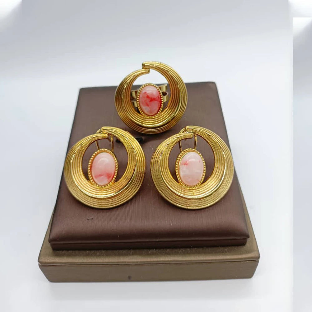 African Jewelry Set for Women Spiral Shape New Fashion Purpuse Stone Earrings Finger Ring Dubai Indian Luxury Gold Color Jewelry