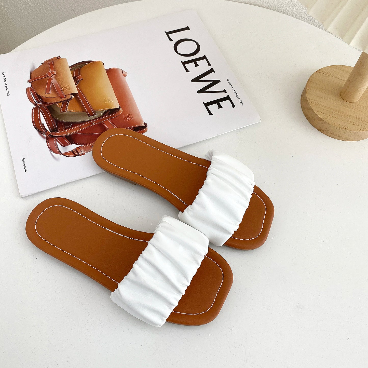 Girl's Slippers Pleated Black White Pu Leather Beach Kids Sliders Flat Summer Square Toe Leisure Slip-on Children Shoes 27-36