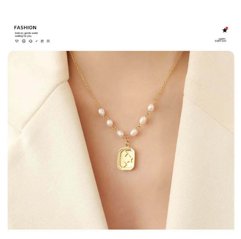 Fashion Trendy Square Zircon Inlaid Pendant Artificial Pearl Necklace European and American Style Female Temperament Jewelry