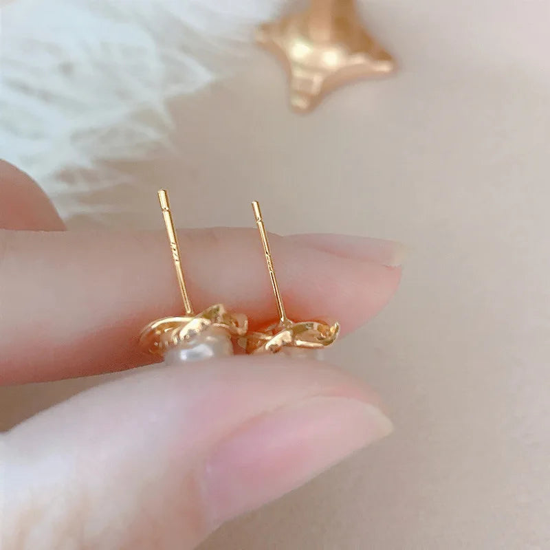 Upscale 14k Gold Jewelry Real Gold Earrings Zircon Pearl Twist Luxury Stud Earrings for Women Brincos Pendientes Bijoux