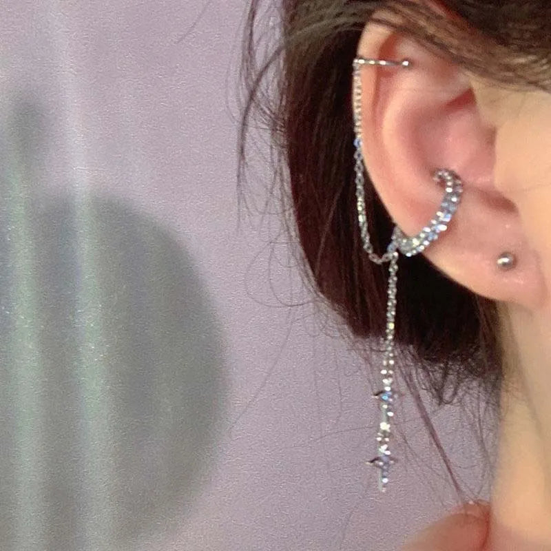 Shiny Silver Color Crystal Tassel Non-Piercing Cuff Ear Clip Earring For Women Rhinestone Star Fake Cartilage Piercing Jewelry