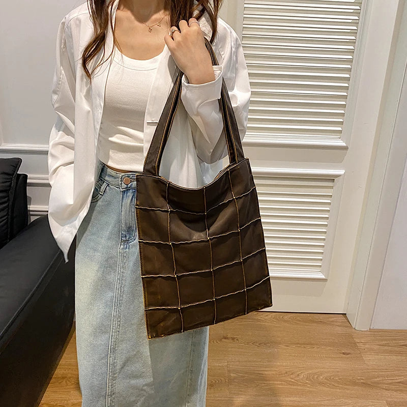 Ladies Handbag Women Vintage Bag Large Capacity Female Bag Brand Designer Plaid Shoulder Bag Soft Leather Top Handle Tote Bags