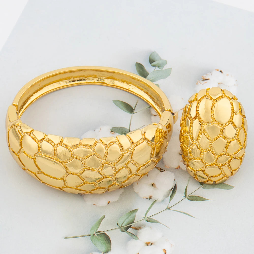Large Hoop Bangle for Women Flower Italian Dubai Gold Color Bracelet Ring Jewelry Set Luxury Copper Fashion Birthday Party Gift