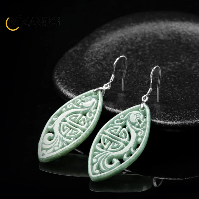 Natural Jadeite Imitation Antique Hollowed Phoenix Earrings S925 Silver Inlaid Jade Earrings Retro Fashion Women's Jewelry