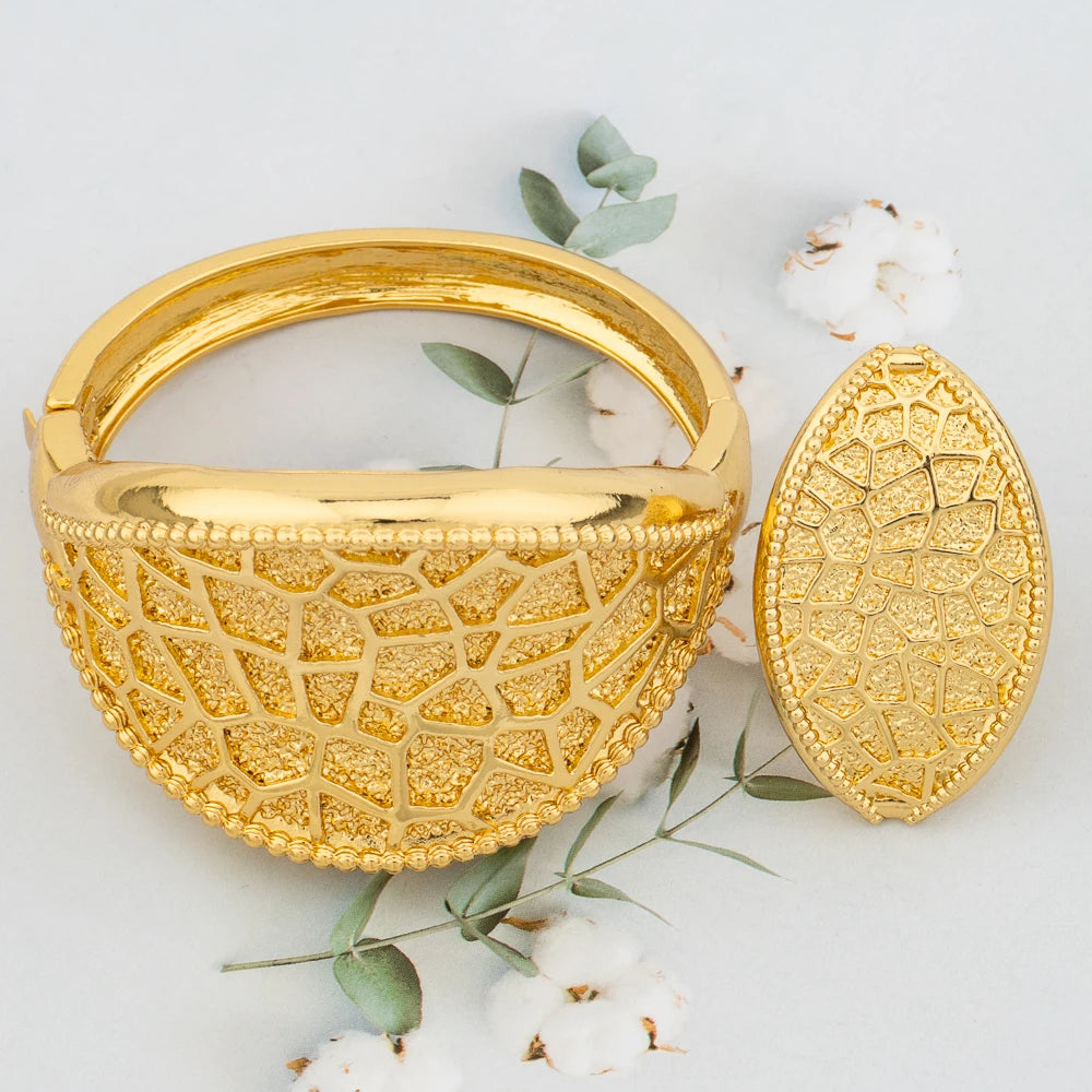 Large Hoop Bangle for Women Flower Italian Dubai Gold Color Bracelet Ring Jewelry Set Luxury Copper Fashion Birthday Party Gift