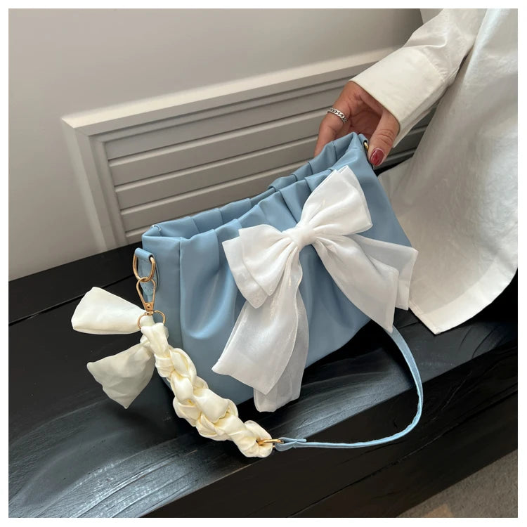 Lovely Bow Handbags for Girls Ladies Fashion Pleated Shoulder Bags for Women Simple Design Female Underarm Bag Casual Tote Purse