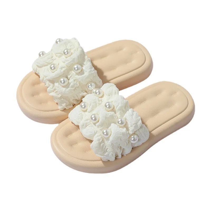 Slippers Princess Wind Pearl Puffs Girls Little Girl Slippers Soft Bottom Outside Penetrating Air Sandals